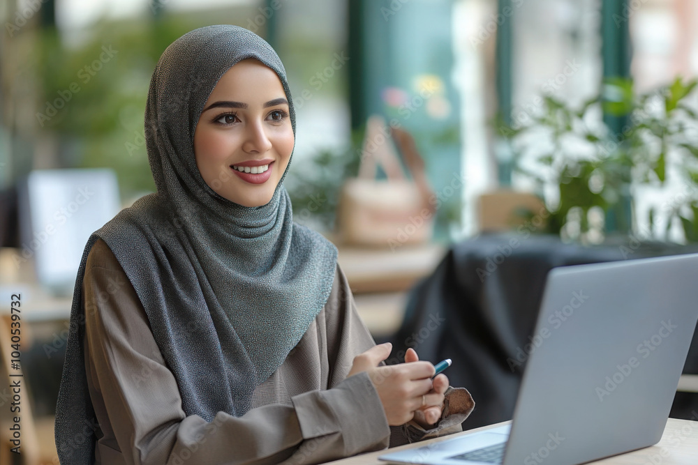 Happy young Arab business professional woman in hijab talking to European female colleague at meeting table, smiling. Two young diverse businesswomen discussing teamwork, work project