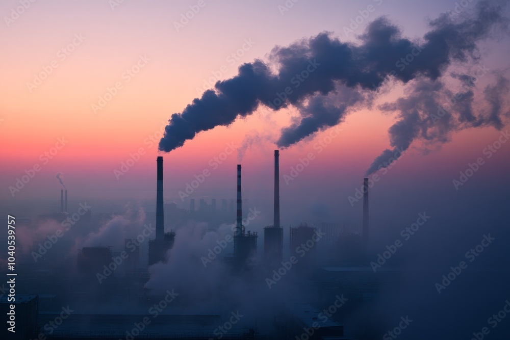 The city skyline at twilight showcases numerous chimneys emitting dense smoke, framed by a fading light that enhances the scene's sense of urgency and beauty. The city skyline at twilight showcases numerous chimneys emitting dense smoke, framed by a fading light that enhances the scene's sense of urgency and beauty.