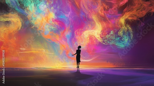 Silhouette of a Woman Standing Before a Colorful Abstract Sky