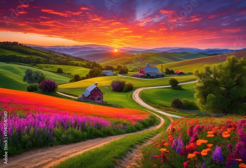 stunning vibrant sunset over lush rolling hills enhancing scenic farms picturesque landscape, aerial, beautiful, bloom, blossoms, countryside, colorscape