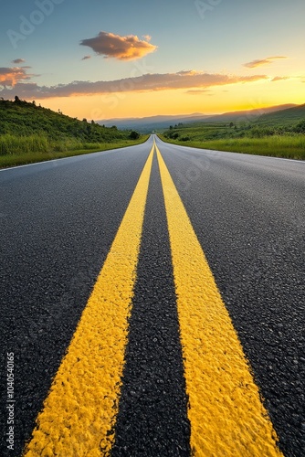 Scenic view of a winding road with sunset lighting in the mountains during la...