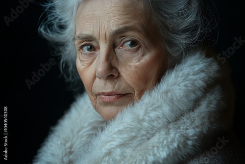 A thoughtful elderly woman wearing a warm coat and looking contemplatively to...