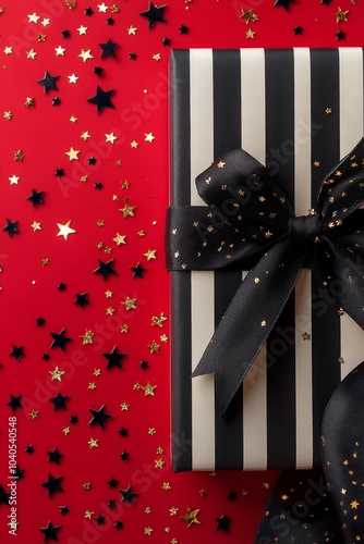 A beautifully wrapped gift adorned with black ribbon and golden stars on a vi...