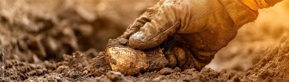A gloved hand carefully removes a potato from the soil, highlighting the connection between agriculture and the harvesting process. A gloved hand carefully removes a potato from the soil, highlighting the connection between agriculture and the harvesting process.