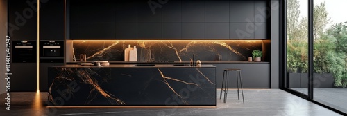 A close up view of luxurious black marble with striking gold veins in an eleg...