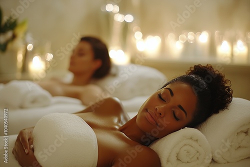 Relaxing spa treatment with two women enjoying massages in a serene environme...