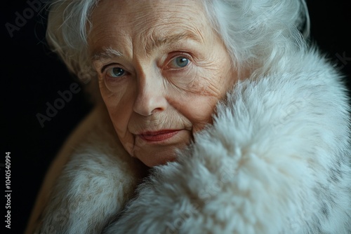 A thoughtful elderly woman wearing a warm coat and looking contemplatively to...