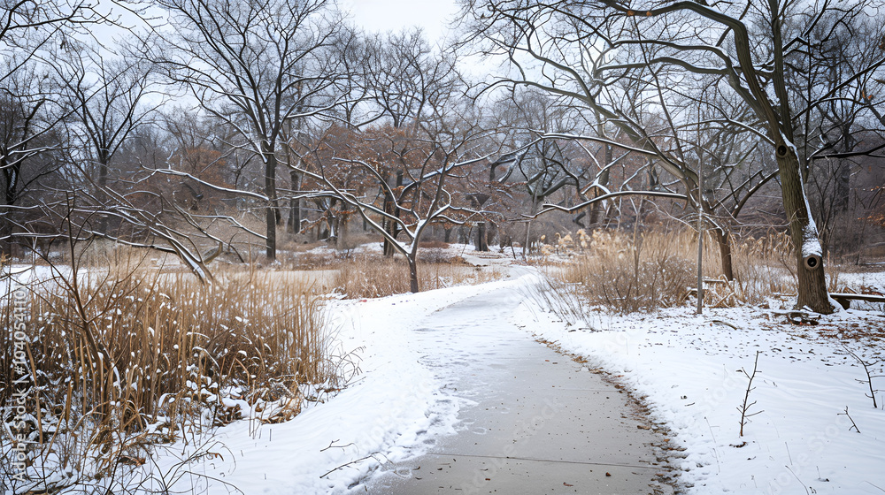 Winter landscape with snowy path and bare trees in a tranquil park setting Winter landscape with snowy path and bare trees in a tranquil park setting