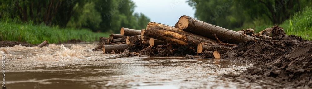 A landscape featuring fallen logs by a muddy riverbank, surrounded by greenery, capturing a natural but altered environment. A landscape featuring fallen logs by a muddy riverbank, surrounded by greenery, capturing a natural but altered environment.