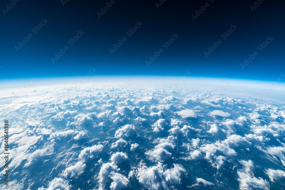 A mesmerizing sight of Earth’s horizon enveloped in clouds, set against a backdrop of deep blue sky, illustrating the planet’s unique atmospheric beauty.