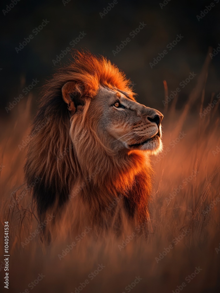 Naklejka premium Majestic Lion Gazing into the Distance at Sunset - Powerful Wildlife Portrait in African Grasslands
