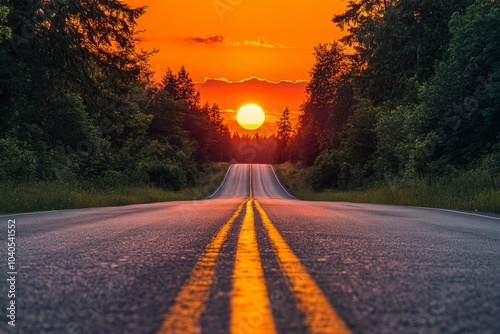 A serene winding road through lush greenery at sunset in rural America