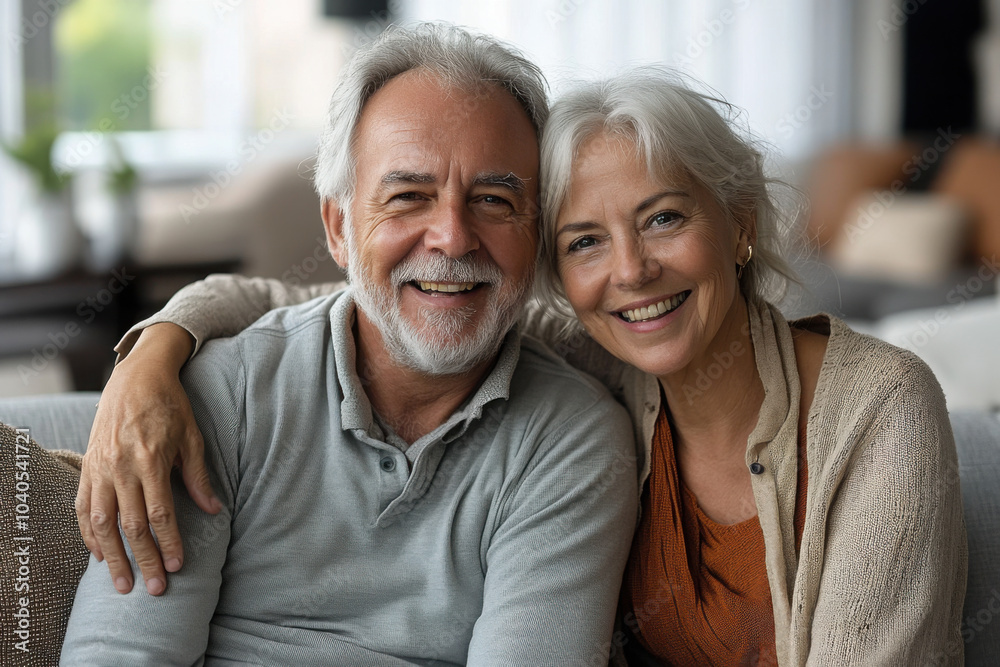 Portrait of attractive aged retired couple hugging resting together at home sit on sofa laughing looking at camera, enjoy their harmonic relationships lifelong marriage and carefree life on retirement