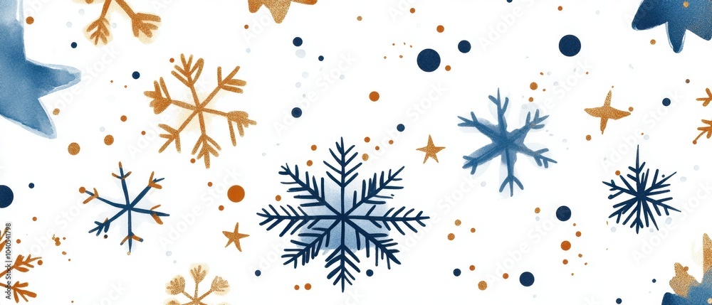 A white background with blue and gold snowflakes, stars, and dots in the pattern Generative AI A white background with blue and gold snowflakes, stars, and dots in the pattern Generative AI