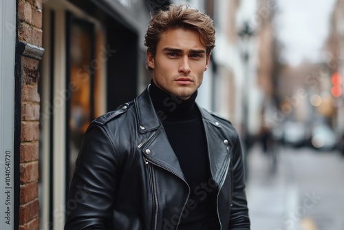 Young man wearing leather jacket stands confidently on urban street during la...