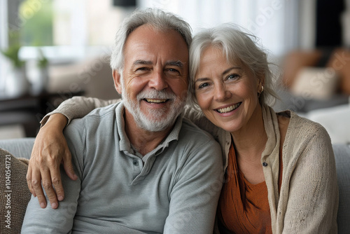 Obraz na płótnie Portrait of attractive aged retired couple hugging resting together at home sit on sofa laughing looking at camera, enjoy their harmonic relationships lifelong marriage and carefree life on retirement w salonie