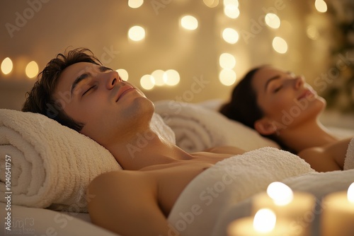 Couple enjoying a relaxing spa treatment with candles in serene ambiance duri...