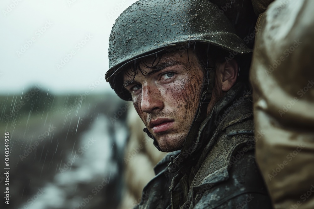 Obraz premium A rain-drenched soldier with an intense look of determination stands in uniform by sandbags, capturing the raw challenge and fortitude in a battlefield setting.