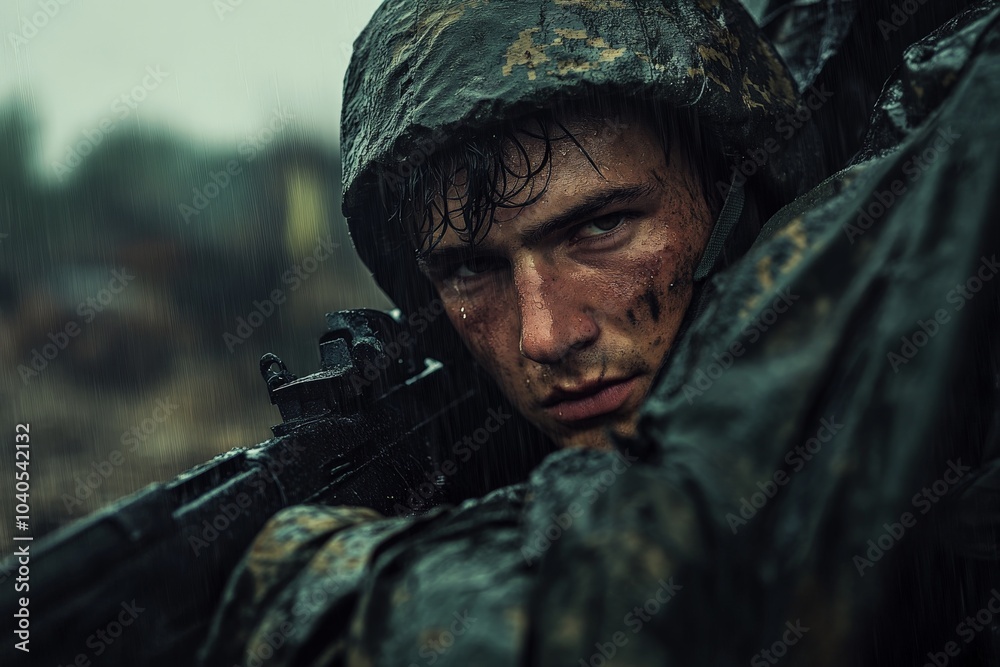 Obraz premium A wet soldier is seen aiming his rifle, maintaining intense concentration amidst a heavy downpour, highlighting themes of vigilance and preparedness.
