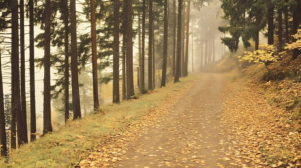 Fototapeta premium Misty autumn woodland, with colorful foliage and dense fog obscuring the background, perfect for tranquil and reflective nature-themed visuals.