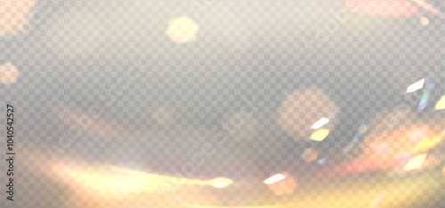 Pastel bokeh horizontal overlay, golden blurred circle lights. Abstract empty banner, realistic style. Vector effect for holiday design, festive template.