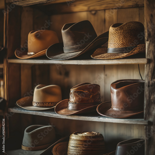 Rows of leather hats on shelves on display in a workshop, celebrating Hat Day with traditional craftsmanship and artisanal design. photo