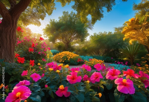 Wallpaper Mural lush dynamic tree canopy surrounded vibrant greenery colorful flora diversely designed outdoor space, leaves, branches, foliage, forest, sunlight, flowers Torontodigital.ca