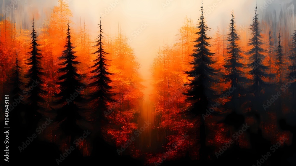 Fototapeta premium Misty autumn woodland, with colorful foliage and dense fog obscuring the background, perfect for tranquil and reflective nature-themed visuals.