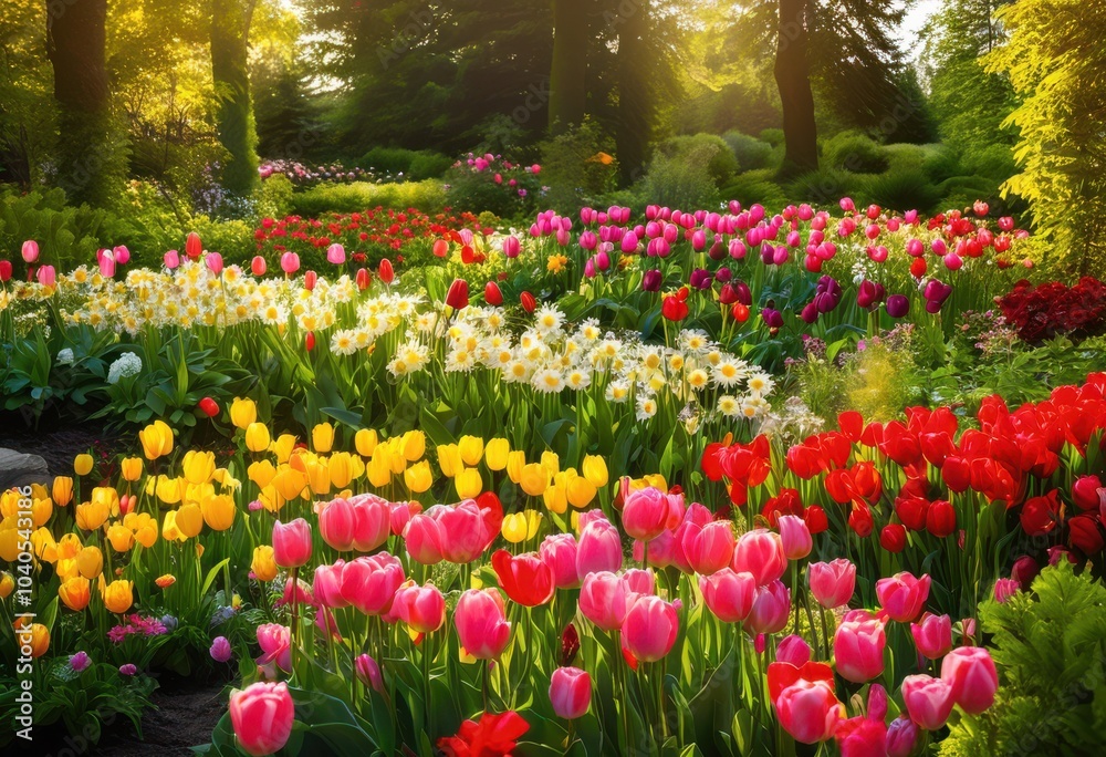 Fototapeta premium colorful flower beds bloom surrounded lush green foliage creating vibrant garden display, blossom, petal, plant, landscape, greenery, botanical, texture