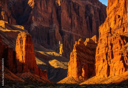 dramatic shadows casting textured rock formations highlighting intricate natural sculptures unique geometric patterns, cliff, landscape, geology, surface photo