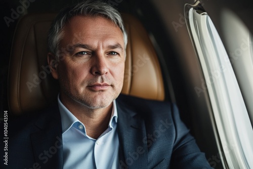 A focused businessman in a smart suit sits aboard a private jet, looking contemplatively out the window, reflecting luxury, professional success, and focused ambition. photo