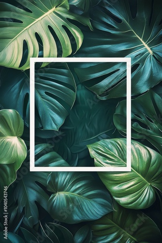 Aesthetic arrangement of green leaves with a white frame overlay creating a s...