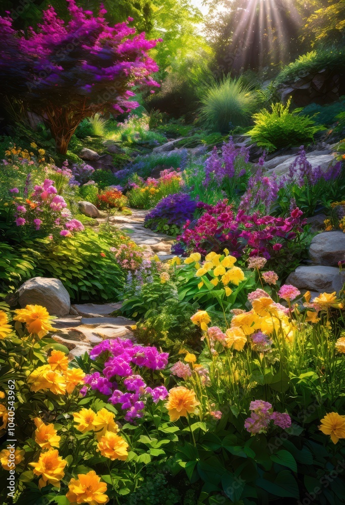 lush vibrant garden scene featuring colorful blooming flowers nestled amidst rich textured stones green foliage, blooms, petals, leaves, colors, brightness lush vibrant garden scene featuring colorful blooming flowers nestled amidst rich textured stones green foliage, blooms, petals, leaves, colors, brightness