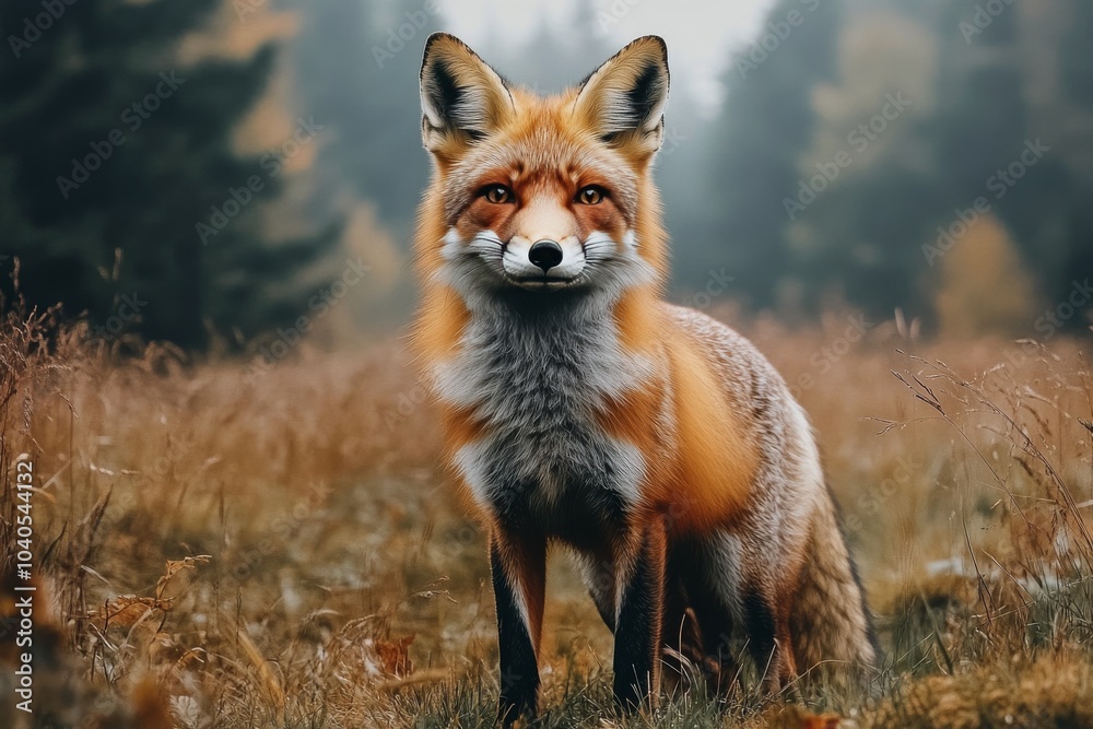 A red fox stands gracefully in a forest clearing surrounded by autumn foliage during daylight A red fox stands gracefully in a forest clearing surrounded by autumn foliage during daylight