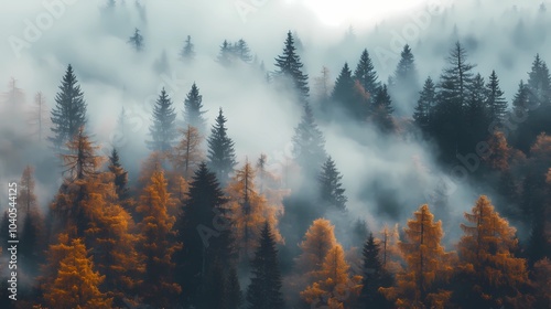 Foggy morning in an autumn forest, with orange and yellow leaves on the trees, creating a peaceful and calming seasonal landscape.