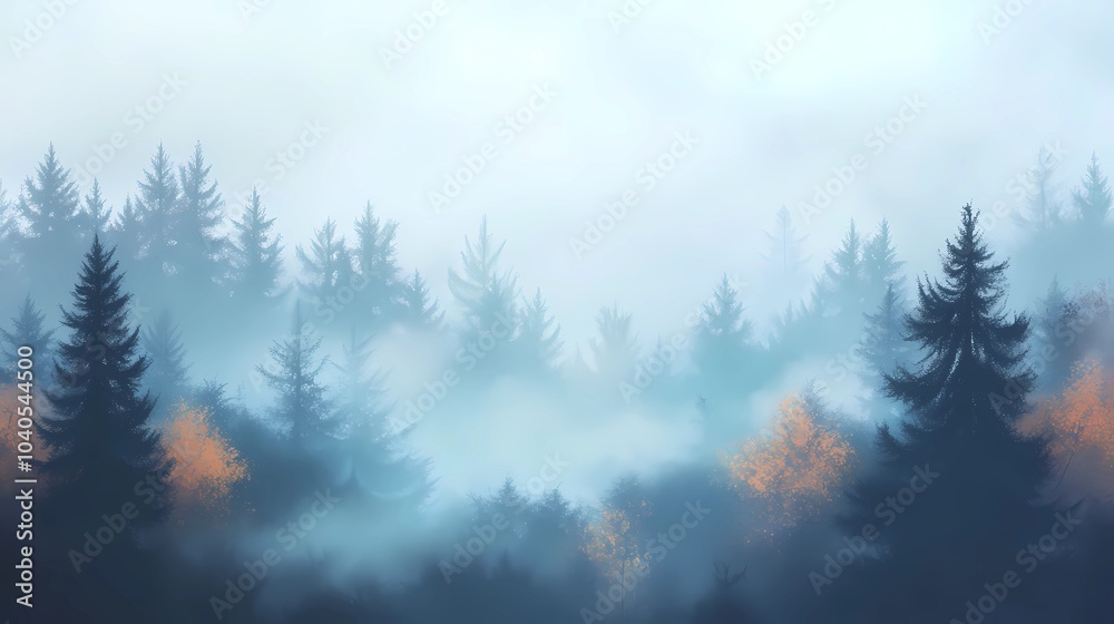 Fototapeta premium Foggy morning in an autumn forest, with orange and yellow leaves on the trees, creating a peaceful and calming seasonal landscape.