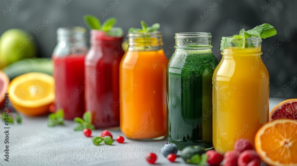 A selection of vibrant, fresh juices, made from a variety of fruits and vegetables, displayed on a white table. Refreshing and healthy A selection of vibrant, fresh juices, made from a variety of fruits and vegetables, displayed on a white table. Refreshing and healthy