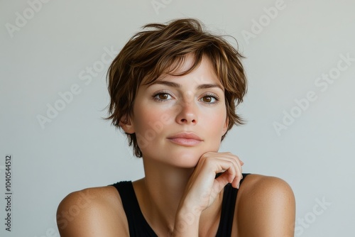 A woman with short hair poses thoughtfully against a neutral background in so...