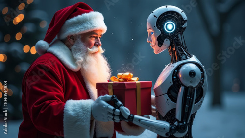 Futuristic holiday encounter: santa claus meets ai robot with gift exchange