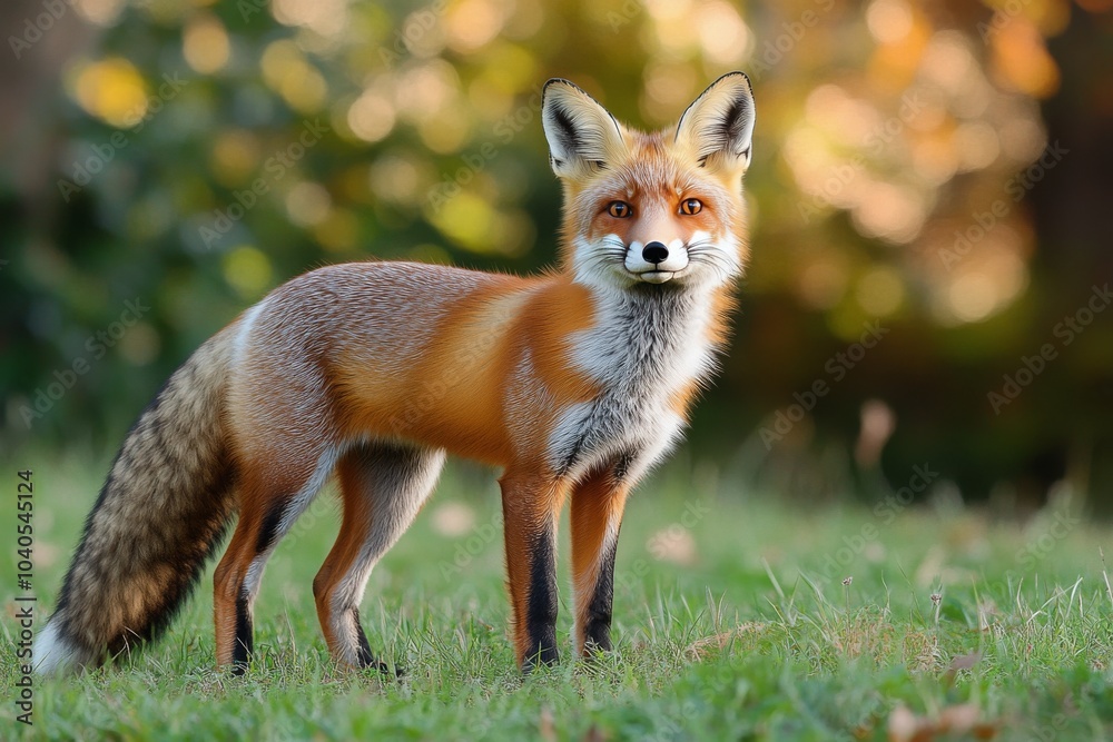 Fototapeta premium A red fox stands gracefully in a forest clearing surrounded by autumn foliage during daylight
