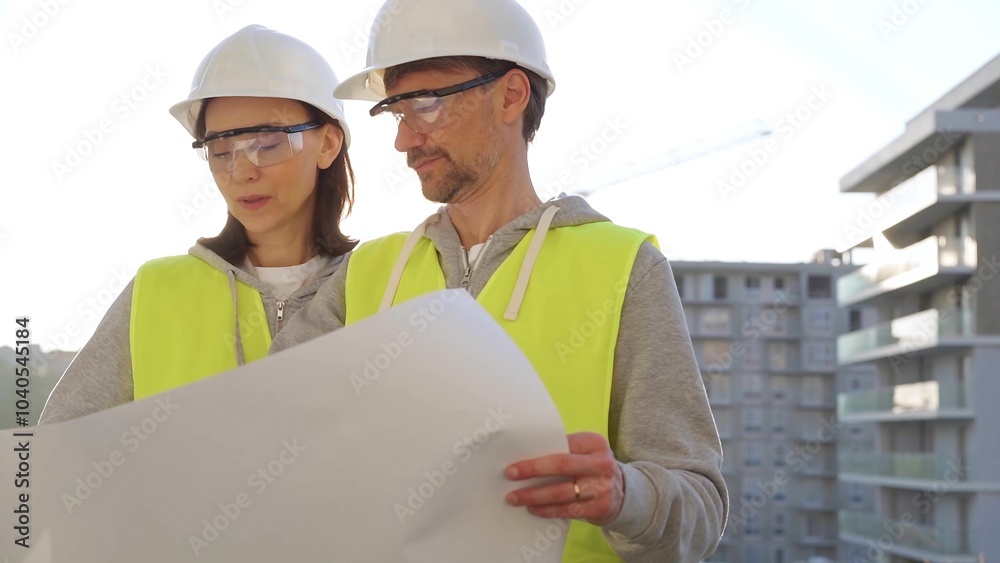 Architects or engineers wearing safety helmets and vests holding blueprint and discussing something on construction site at sunrise, front view. Architecture and engineering Architects or engineers wearing safety helmets and vests holding blueprint and discussing something on construction site at sunrise, front view. Architecture and engineering