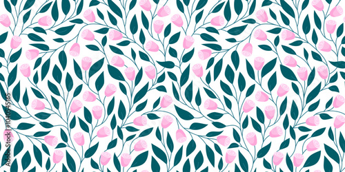 Floral pattern background. Pink roses pattern with green leaves on white background