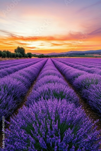 Beautiful lavender fields under a colorful sunset in rural France during summer season