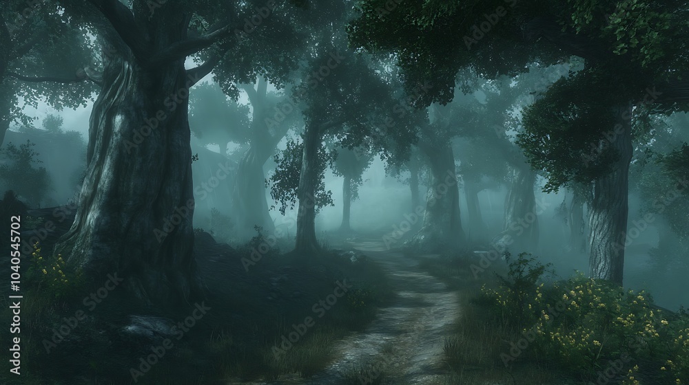 A serene misty forest with ancient, towering trees, and a narrow path leading deeper into the woods A serene misty forest with ancient, towering trees, and a narrow path leading deeper into the woods