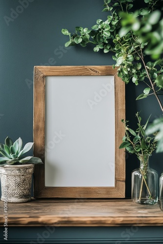 A stylish wooden frame set against a textured dark wall with minimalistic gre...
