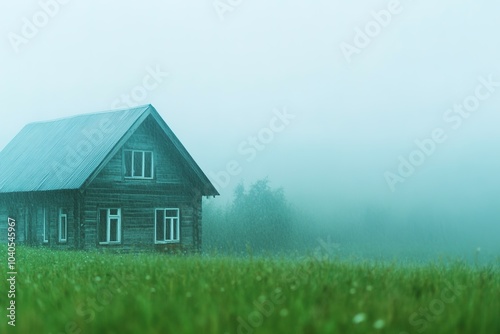 Wallpaper Mural Wooden house in misty green field, tranquility concept Torontodigital.ca