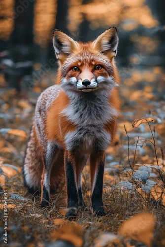 A vibrant red fox standing gracefully in the forest during autumn with colorf...