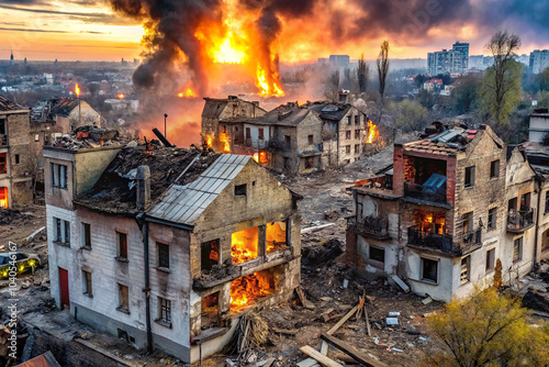 destroyed and burned houses in the city Russia Ukraine war photo