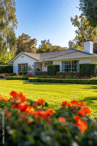Well manicured garden with vibrant red flowers outside a charming white house...