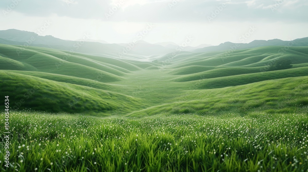 Naklejka premium Expansive green meadow, isolated on white, with soft rolling hills. A serene and peaceful landscape
